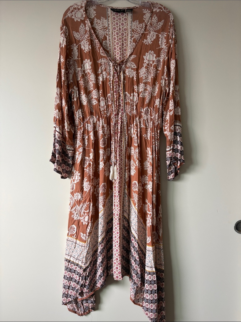 lola Rust and White Boho Floral Tie-Front Maxi Dress